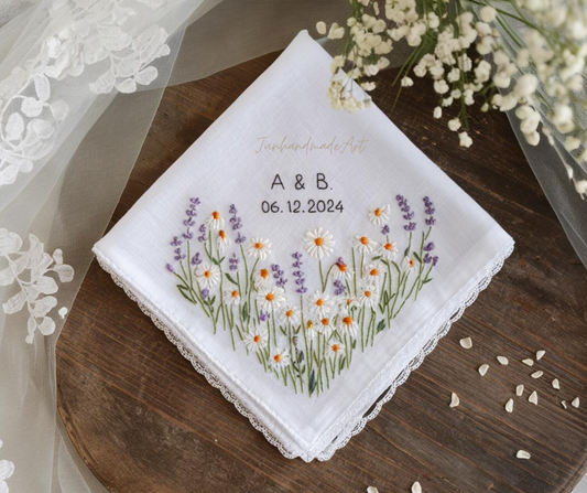 Embroidered Wedding Handkerchief – Custom Floral Hankie for Bride, Bridal Gift, Personalized with Name & Date, Gift for Bride