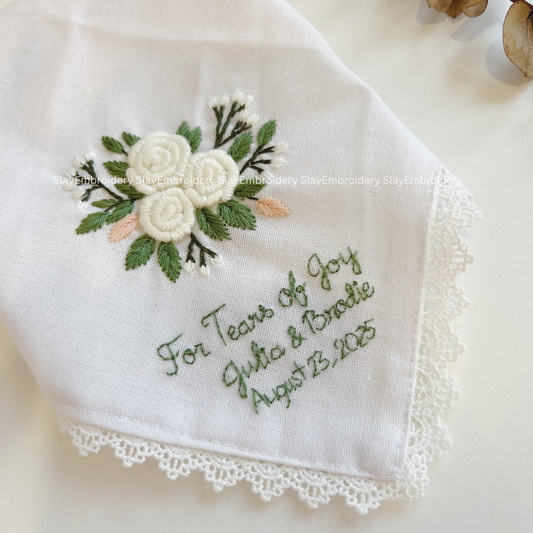 White Rose Garden Wedding Handkerchief, Custom Embroidered Handkerchief, Linen Handkerchiefs