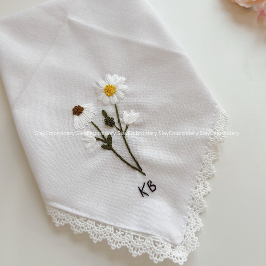 Sunny Daisy Wedding Handkerchief, Custom Embroidered Handkerchief, Linen Handkerchiefs