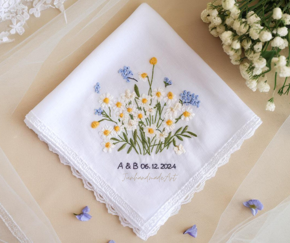 Embroidered Wedding Handkerchief – Custom Floral Hankie for Bride, Bridal Gift, Personalized with Name & Date, Gift for Bride