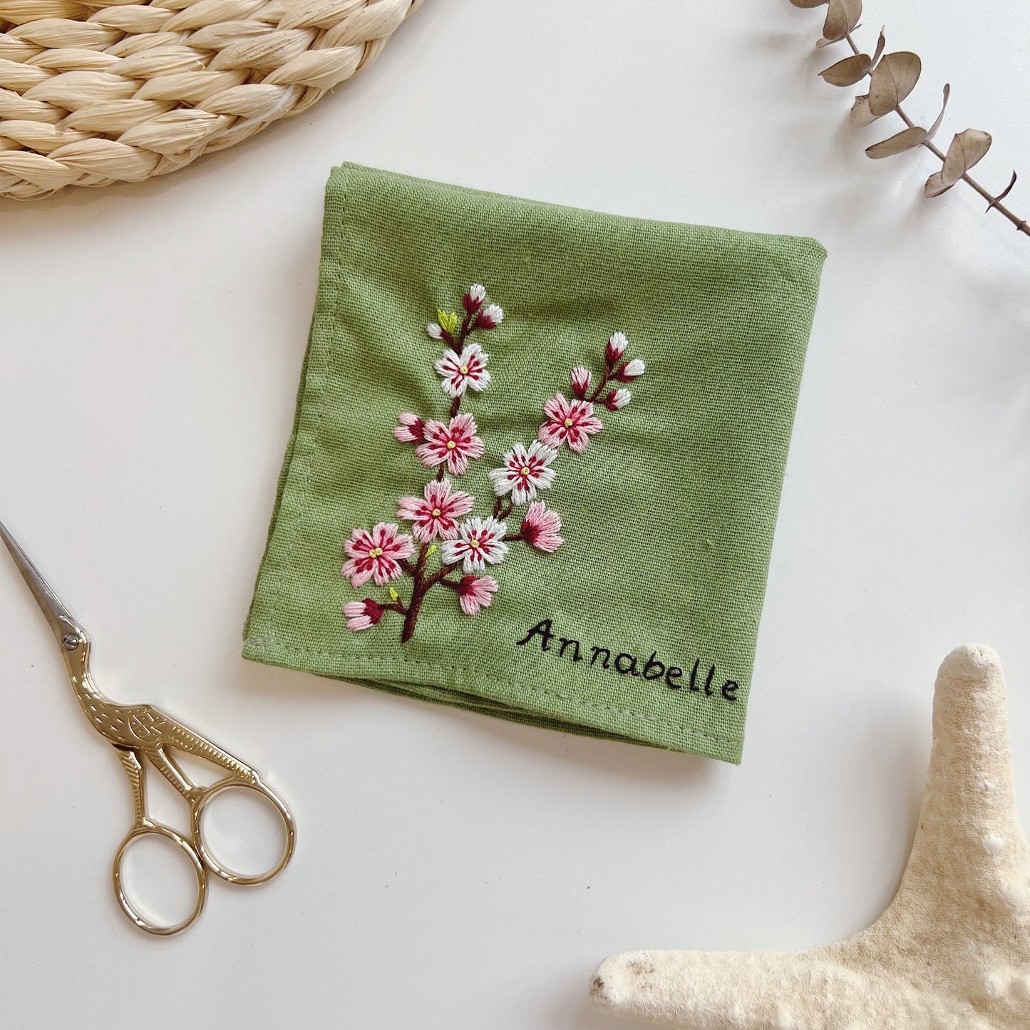Cherry Blossoms Flowers Wedding Handkerchief, Custom Embroidered Handkerchief