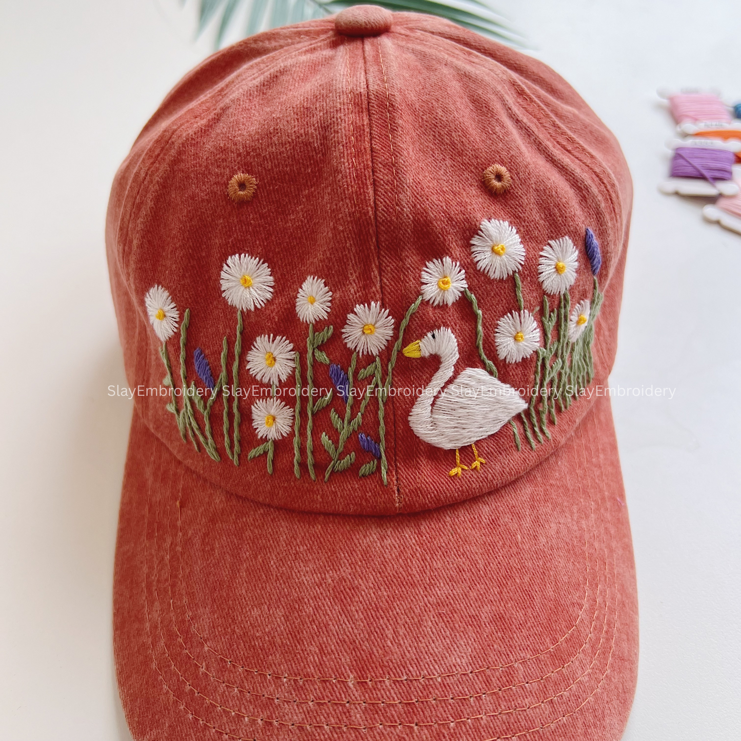 Duck In The Daisy Rose Garden Summer Hand Embroidery Hat Vintage Hat Washed Baseball Cap