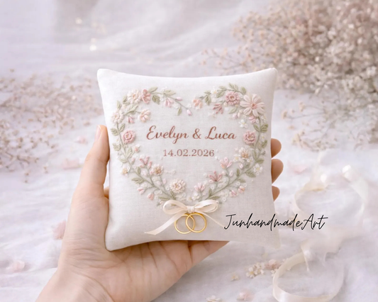 Valentine Gift for Couple – Personalized Wedding Ring Pillow with Names & Date, Hand-Embroidered Keepsake Wedding Ring Pillow