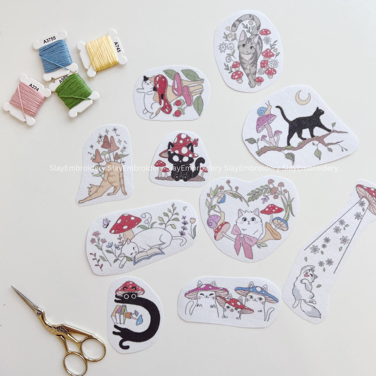 Cat & Mushroom Embroidery Pattern For Beginner Easy To Use Stick and Stitch