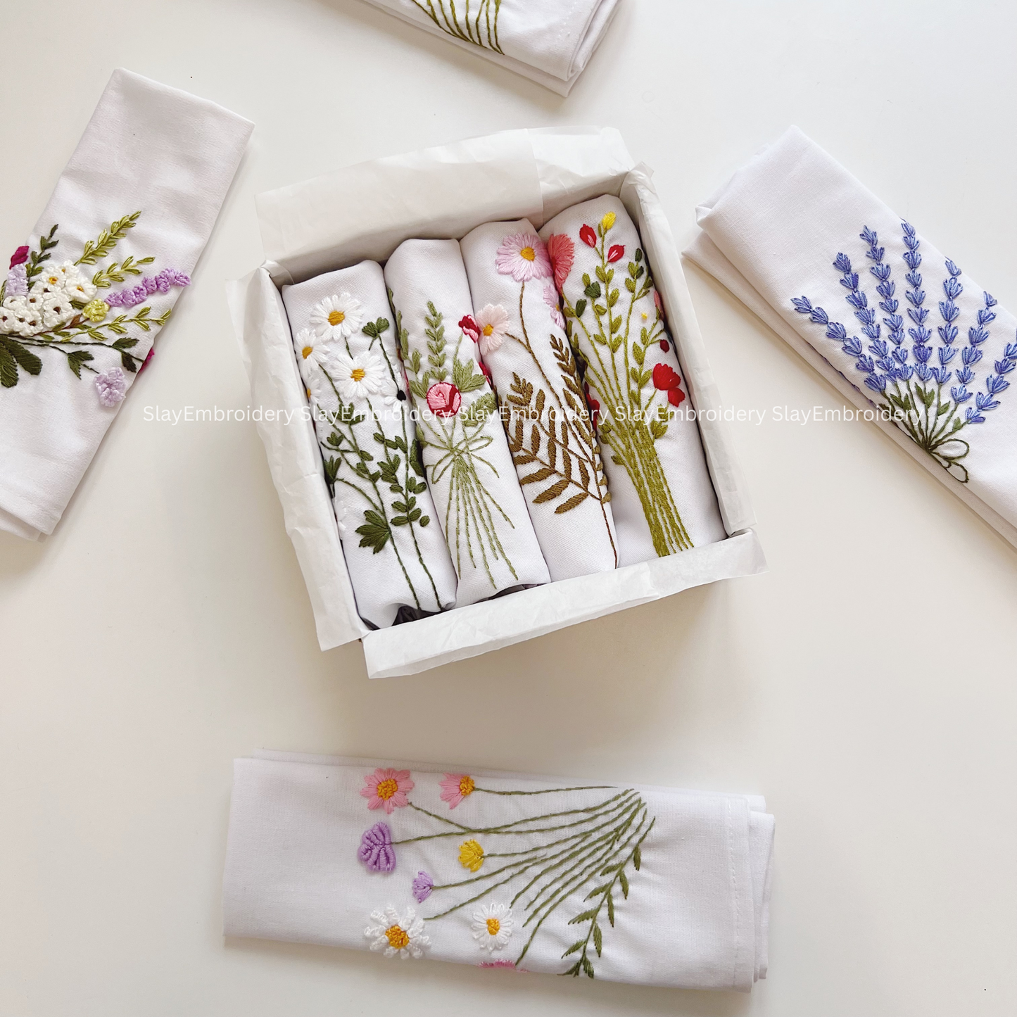 Floral Embroidered Linen Napkins – Elegant Floral Napkin – Rustic Wedding Table Decor Housewarming Gift, for Her or Hostess