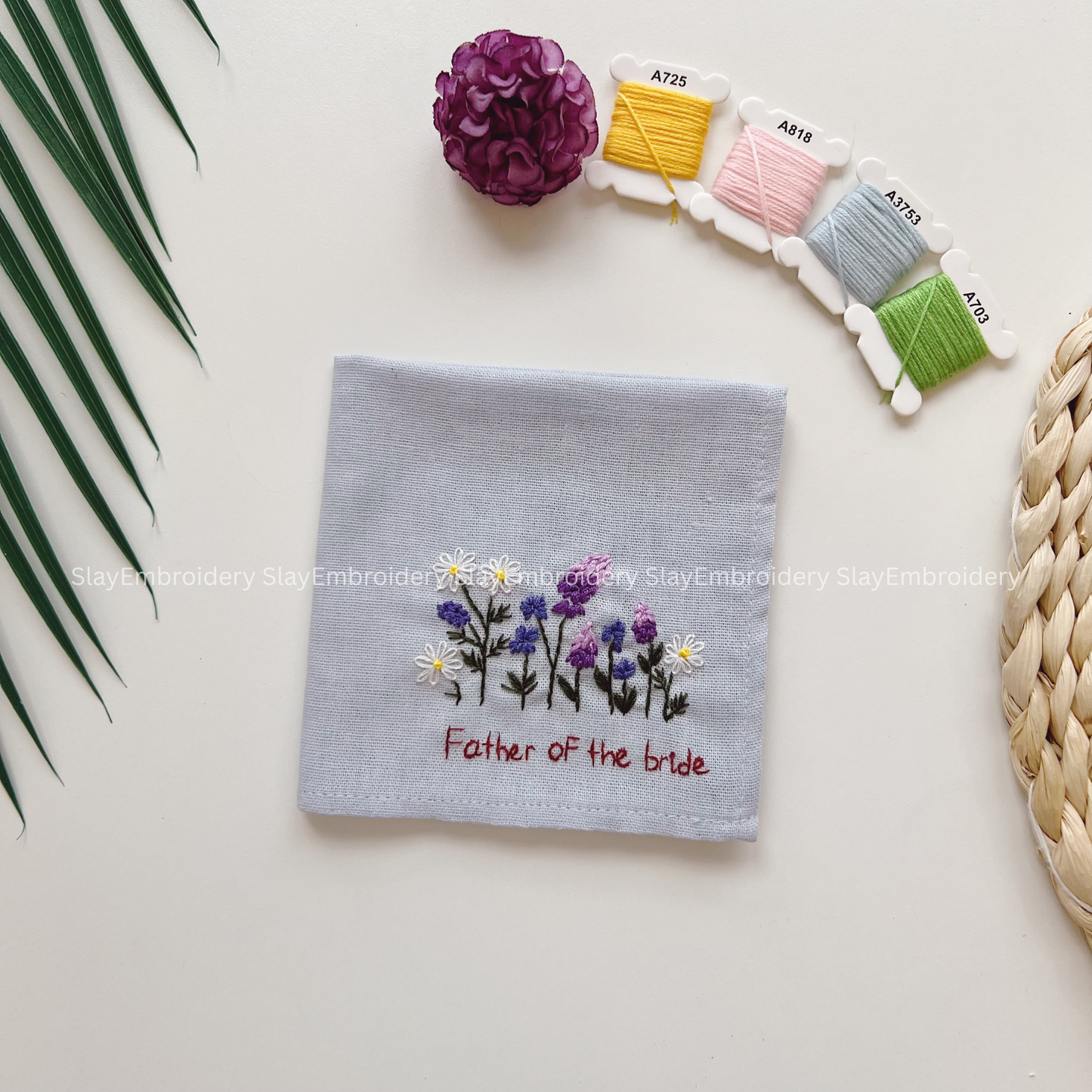 Blue Garden Wedding Handkerchief, Custom Embroidered Handkerchief