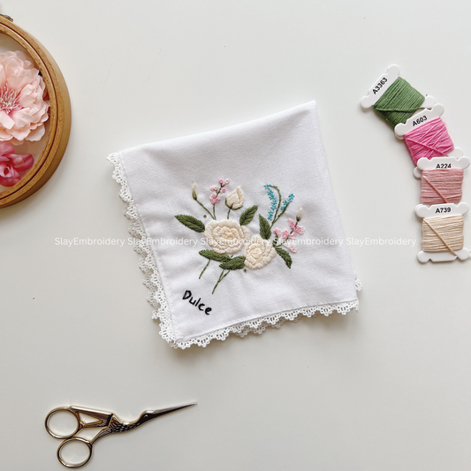 White Roses Wedding Handkerchief, Custom Embroidered Handkerchief, Linen Handkerchiefs
