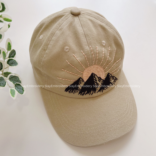 Sun Over Mountains Summer Hand Embroidery Hat Vintage Hat Washed Baseball Cap