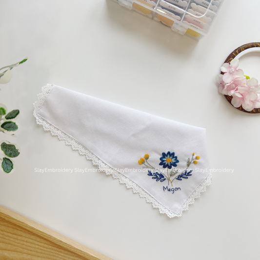 A Summer Bloom Wedding Handkerchief, Custom Embroidered Handkerchief, Linen Handkerchiefs