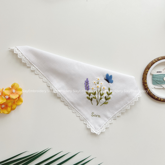 Daisy & Lavender Wedding Handkerchief, Custom Embroidered Handkerchief, Linen Handkerchiefs