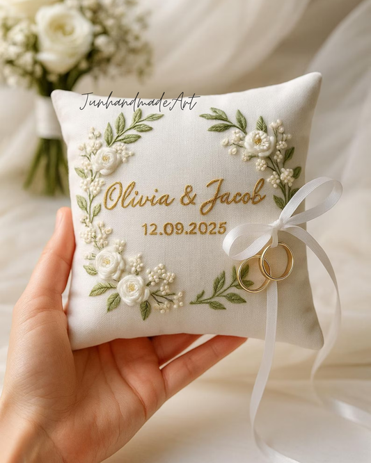 Personalized Embroidered Ring Bearer Pillow, Custom Linen Wedding Cushion, Hand Embroidery Ring Holder, Floral Ring Pillow, Wedding Gift