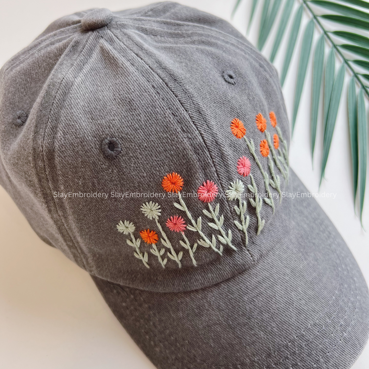 Rose & Daisy Bloom Summer Hand Embroidery Hat Vintage Hat Washed Baseball Cap