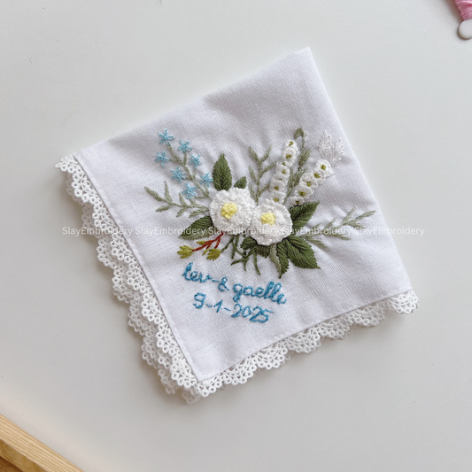 3D White Rose Wedding Handkerchief, Custom Embroidered Handkerchief, Linen Handkerchiefs