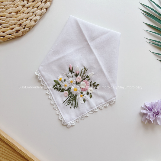 Daisy & Rose Wedding Handkerchief, Custom Embroidered Handkerchief, Linen Handkerchiefs