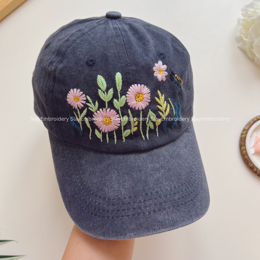 Daisy Tale Summer Hand Embroidery Hat Vintage Hat Washed Baseball Cap