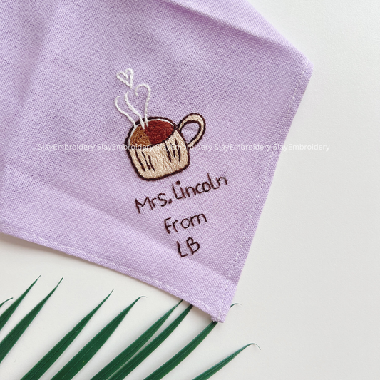 Coffee Cup Wedding Handkerchief, Custom Embroidered Handkerchief
