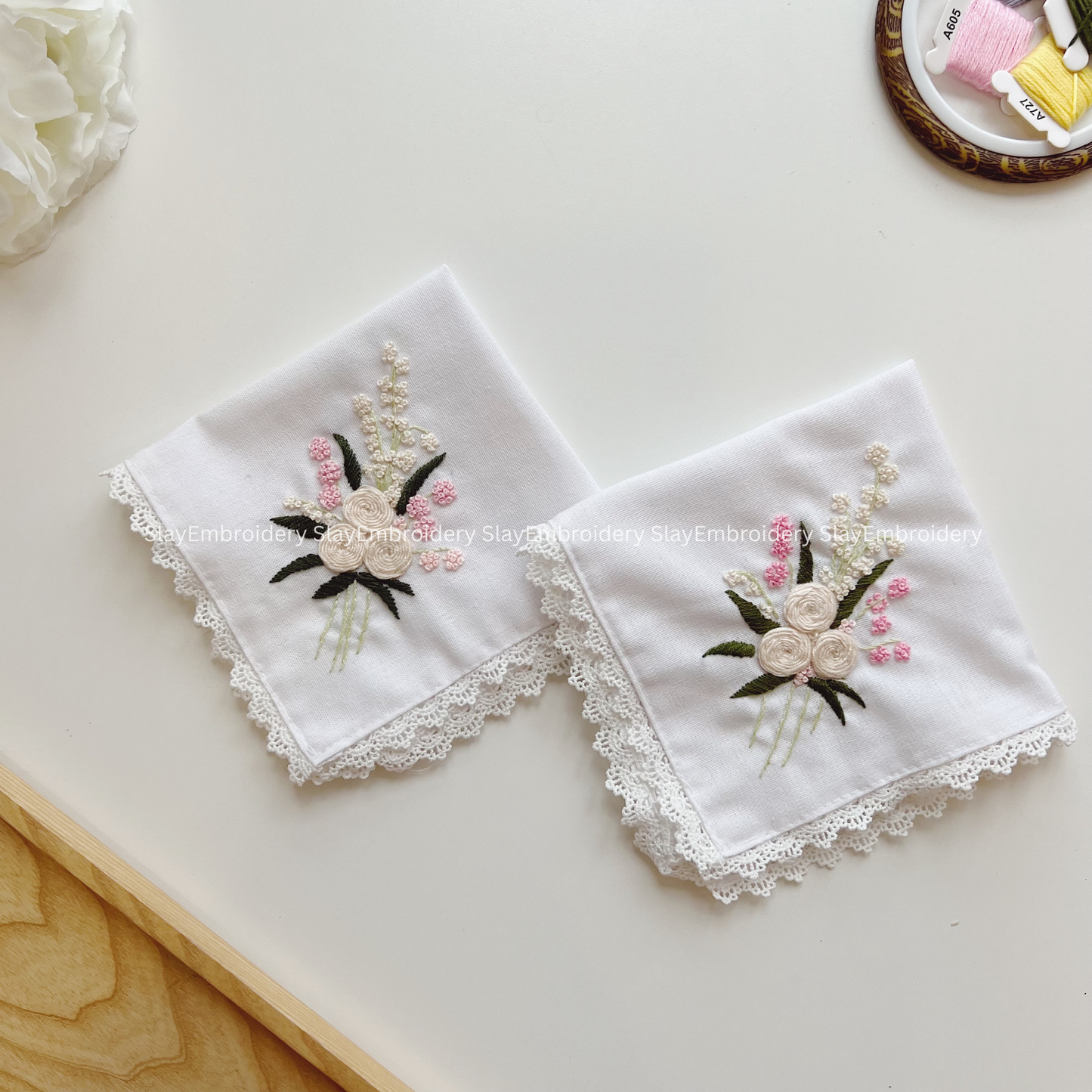 Ivory Rose Wedding Handkerchief, Custom Embroidered Handkerchief, Linen Handkerchiefs