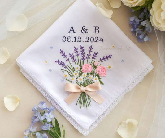 Embroidered Wedding Handkerchief – Custom Floral Hankie for Bride, Bridal Gift, Personalized with Name & Date, Gift for Bride