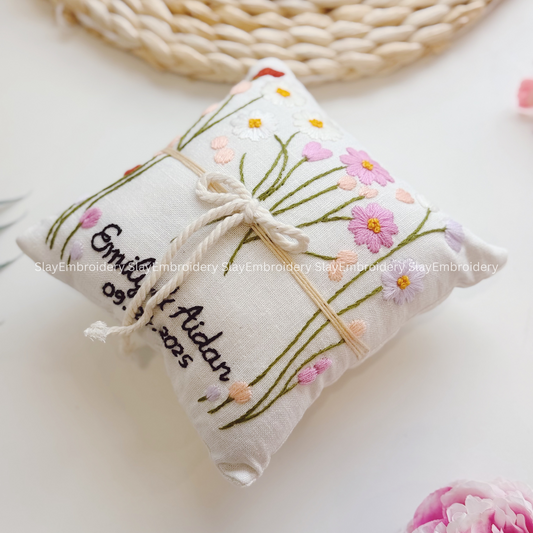 Custom Pink Blossoms Ring Bearer Pillow Linen Wedding Cushion Hand Embroidery Ring Holder Floral Ring Pillow Wedding Gift
