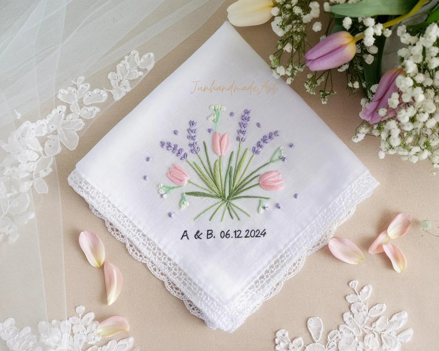 Embroidered Wedding Handkerchief – Custom Floral Hankie for Bride, Bridal Gift, Personalized with Name & Date, Gift for Bride