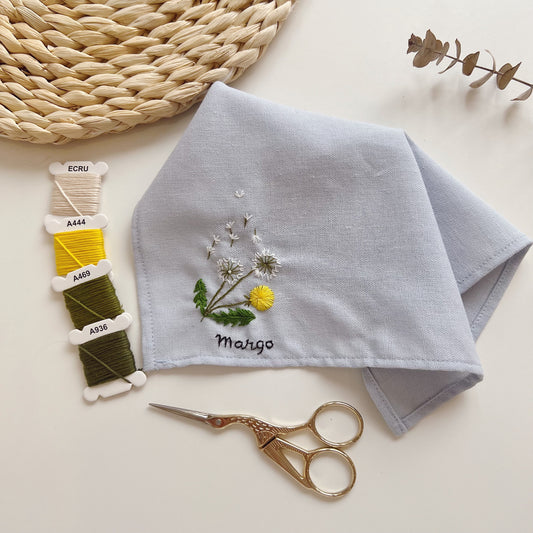 Dandelion Flowers Wedding Handkerchief, Custom Embroidered Handkerchief