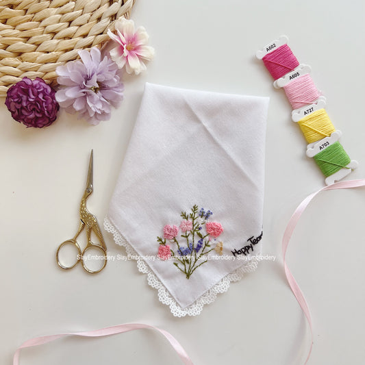 3D Rosed Flowers Blush Garden Dreams Wedding Handkerchief, Custom Embroidered Handkerchief, Linen Handkerchiefs