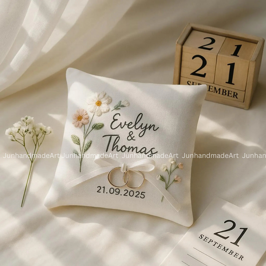 Ivory Flowers Bearer Pillow Linen Wedding Cushion Hand Embroidery Ring Holder Floral Ring Pillow Wedding Gift