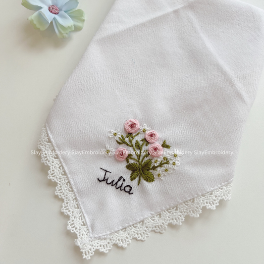 Whispering Roses Wedding Handkerchief, Custom Embroidered Handkerchief, Linen Handkerchiefs