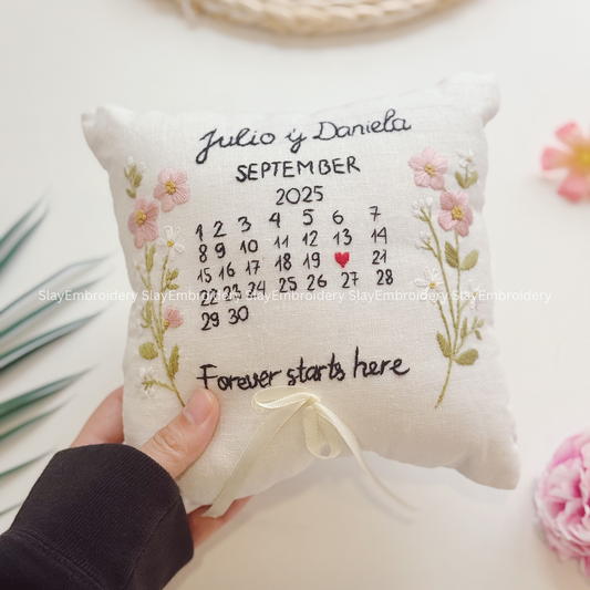 Custom Rosy Blooming Bearer Pillow Linen Wedding Cushion Hand Embroidery Ring Holder Floral Ring Pillow Wedding Gift