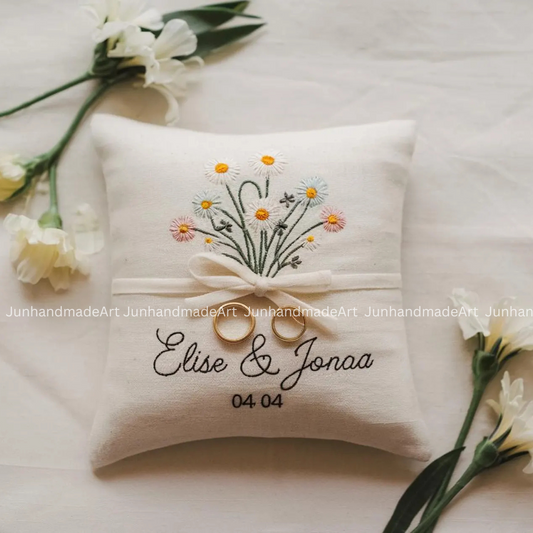 Fresh Daisies Bearer Pillow Linen Wedding Cushion Hand Embroidery Ring Holder Floral Ring Pillow Wedding Gift