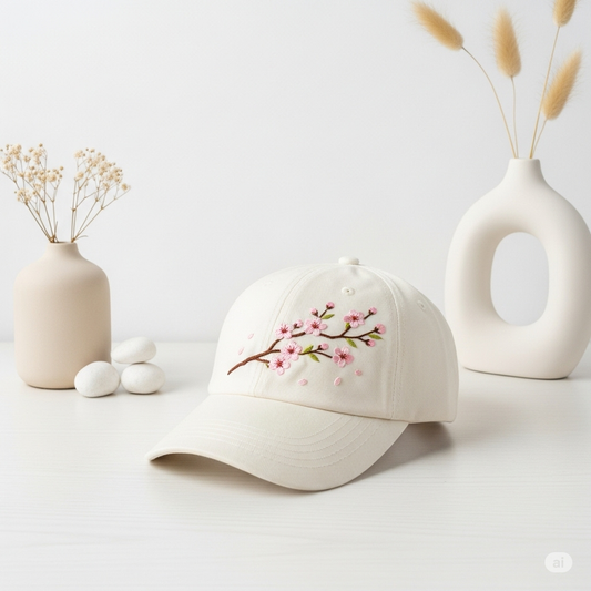 Sakura Breeze Embroidery Hat Vintage Hat Washed Baseball Cap