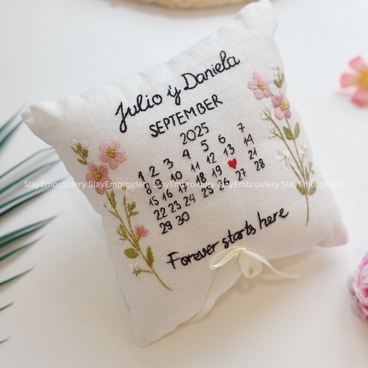 Custom Rosy Blooming Bearer Pillow Linen Wedding Cushion Hand Embroidery Ring Holder Floral Ring Pillow Wedding Gift