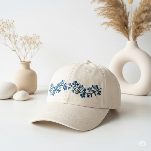 Lush Forget Me Not Flowers Embroidery Hat Vintage Hat Washed Baseball Cap