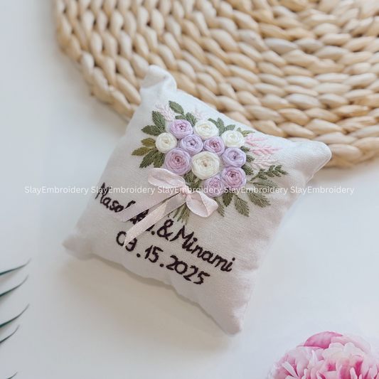 Custom Pastel Rose Bouquet Bearer Pillow Linen Wedding Cushion Hand Embroidery Ring Holder Floral Ring Pillow Wedding Gift