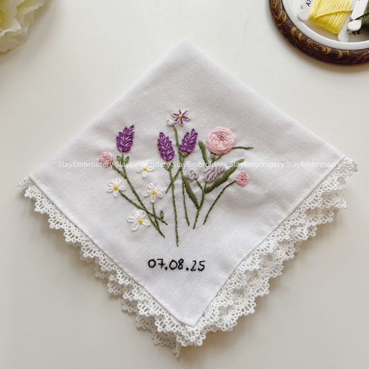 Floral Medley Wedding Handkerchief, Custom Embroidered Handkerchief, Linen Handkerchiefs