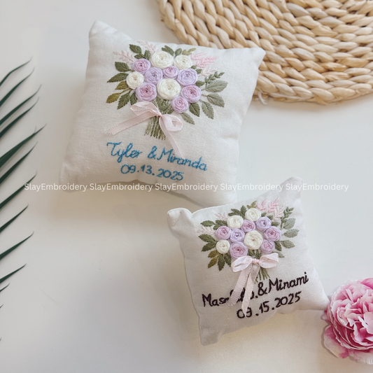 Custom Pastel Rose Bouquet Bearer Pillow Linen Wedding Cushion Hand Embroidery Ring Holder Floral Ring Pillow Wedding Gift
