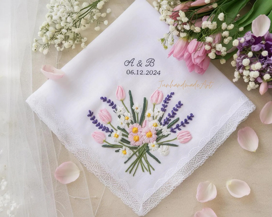 Embroidered Wedding Handkerchief – Custom Floral Hankie for Bride, Bridal Gift, Personalized with Name & Date, Gift for Bride