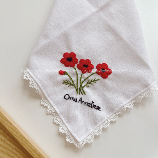 Scarlet Poppy Wedding Handkerchief, Custom Embroidered Handkerchief, Linen Handkerchiefs