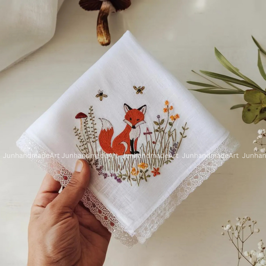 Red Fox Handkerchief, Custom Embroidered Handkerchief, Linen Handkerchiefs