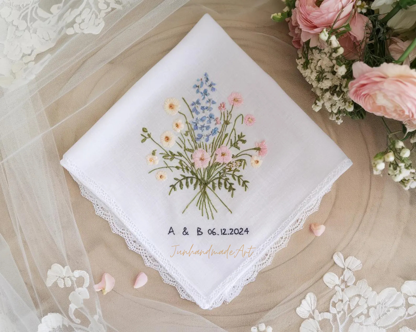 Embroidered Wedding Handkerchief – Custom Floral Hankie for Bride, Bridal Gift, Personalized with Name & Date, Gift for Bride