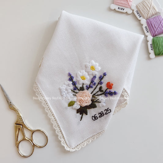 3D Wildflowers Wedding Handkerchief, Custom Embroidered Handkerchief, Linen Handkerchiefs