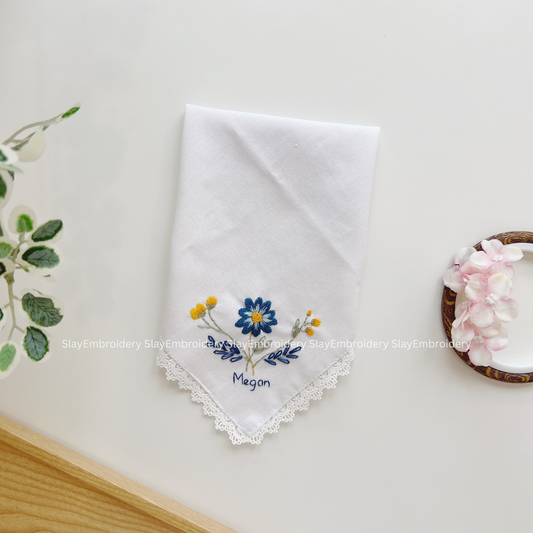 A Summer Bloom Wedding Handkerchief, Custom Embroidered Handkerchief, Linen Handkerchiefs