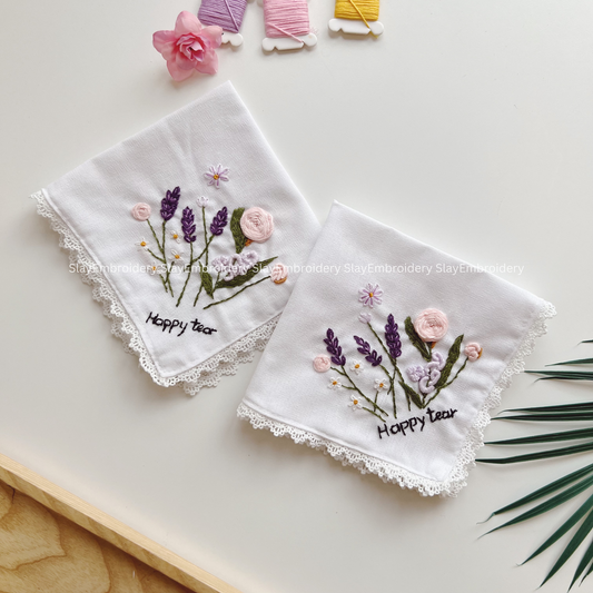 Rose & Lavender Wedding Handkerchief, Custom Embroidered Handkerchief, Linen Handkerchiefs