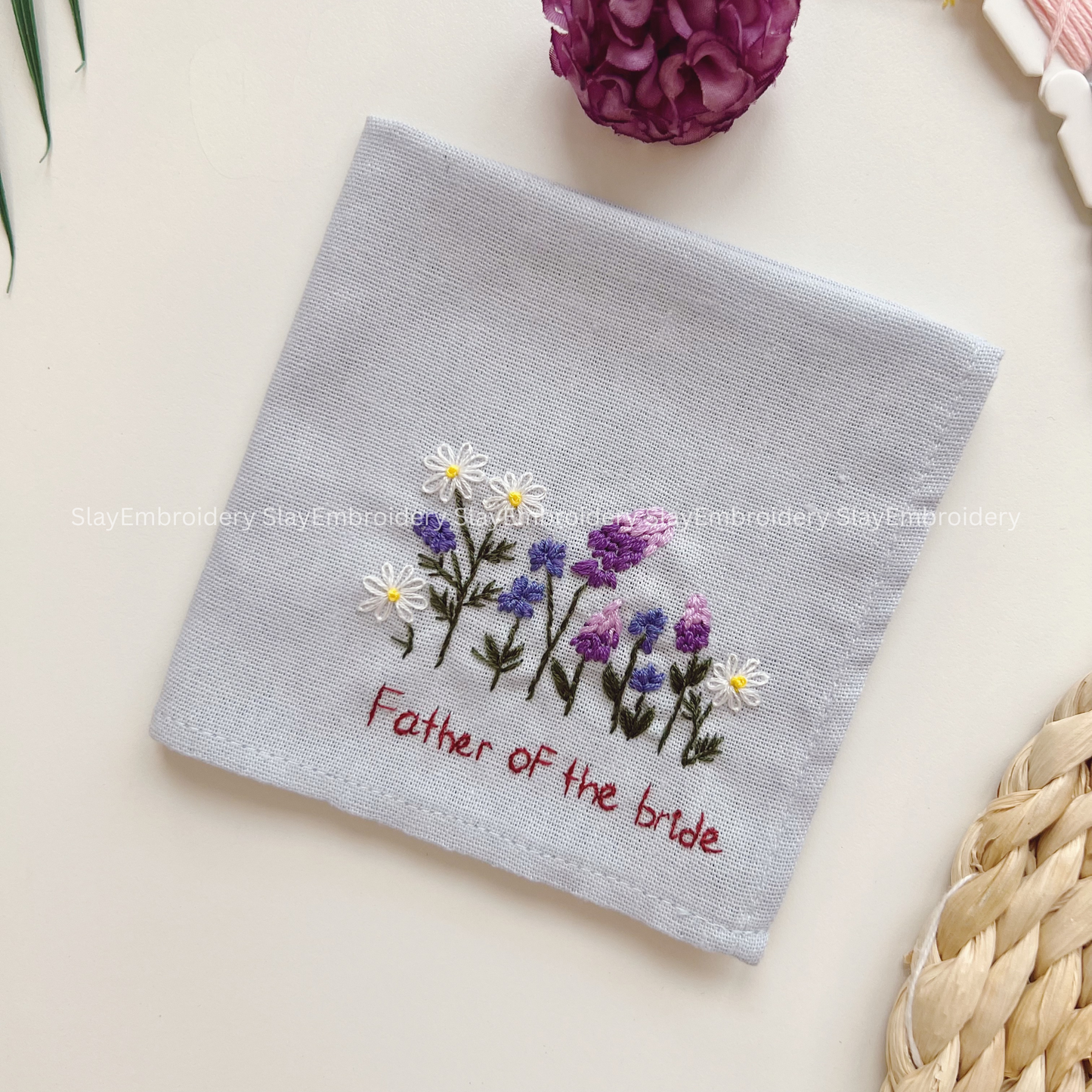 Blue Garden Wedding Handkerchief, Custom Embroidered Handkerchief