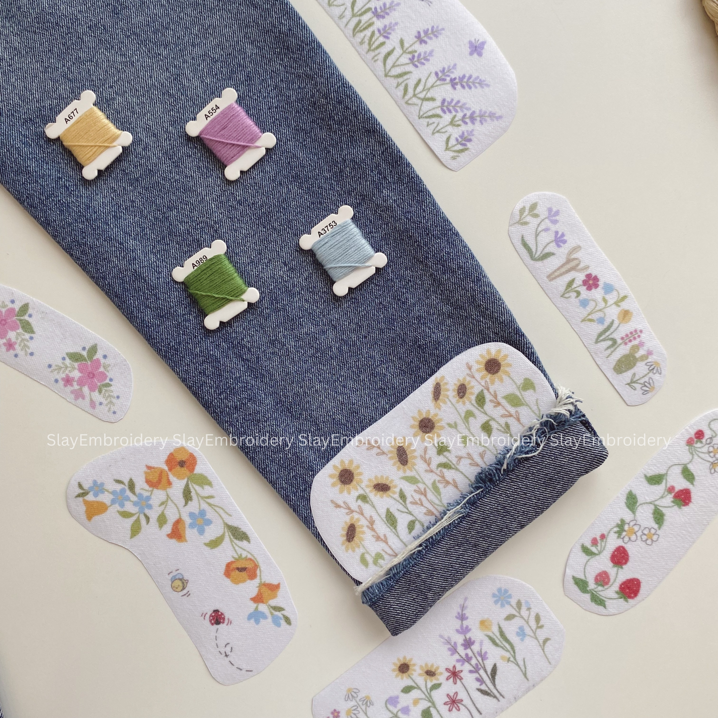 Meadow Tale Sunflowers Jean Cuff Embroidery Pattern For Beginner Easy To Use Stick and Stitch