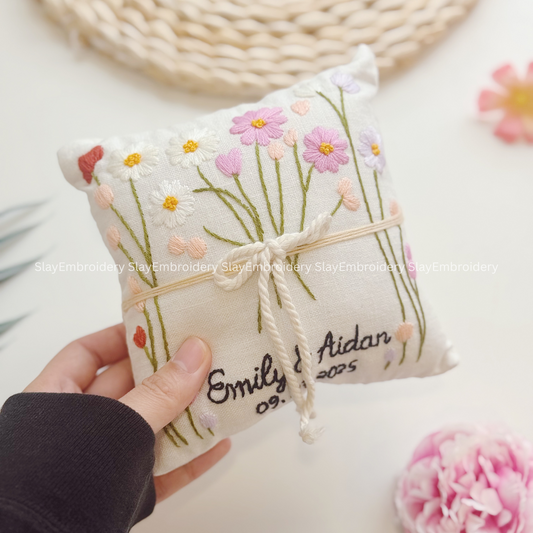 Custom Pink Blossoms Ring Bearer Pillow Linen Wedding Cushion Hand Embroidery Ring Holder Floral Ring Pillow Wedding Gift