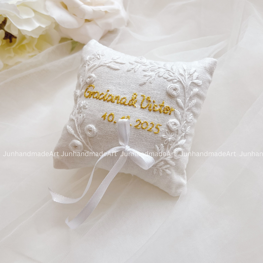Silky Flower Bearer Pillow Linen Wedding Cushion Hand Embroidery Ring Holder Floral Ring Pillow Wedding Gift