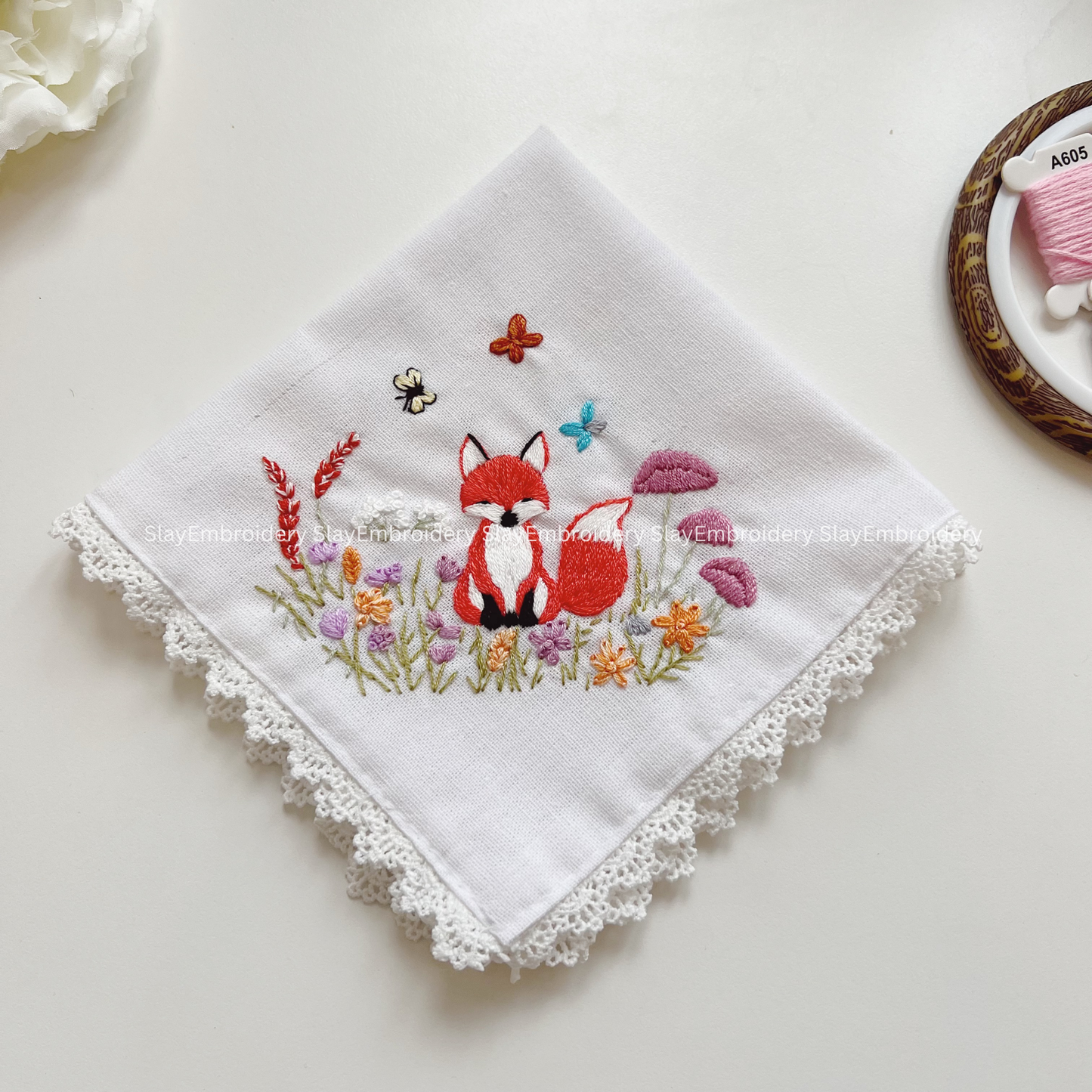 Fox & Flowers Wedding Handkerchief, Custom Embroidered Handkerchief, Linen Handkerchiefs