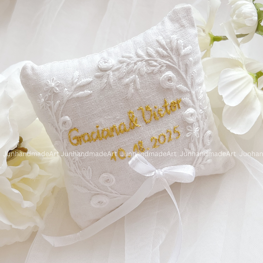 Silky Flower Bearer Pillow Linen Wedding Cushion Hand Embroidery Ring Holder Floral Ring Pillow Wedding Gift