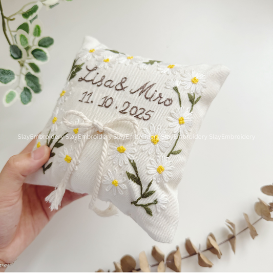 Custom Vintage Daisies Twig Bearer Pillow Linen Wedding Cushion Hand Embroidery Ring Holder Floral Ring Pillow Wedding Gift